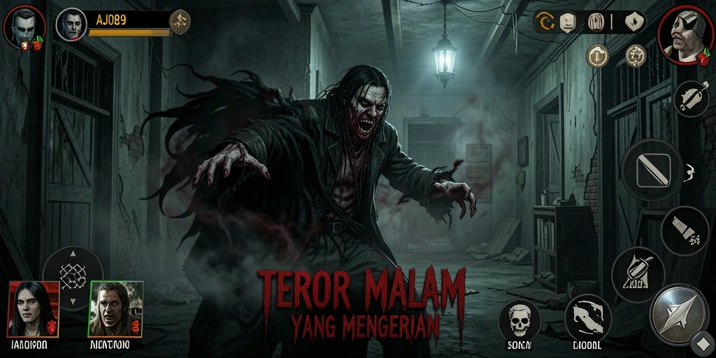 Screenshot gameplay AJO89 yang menyeramkan, menunjukkan suasana mencekam.