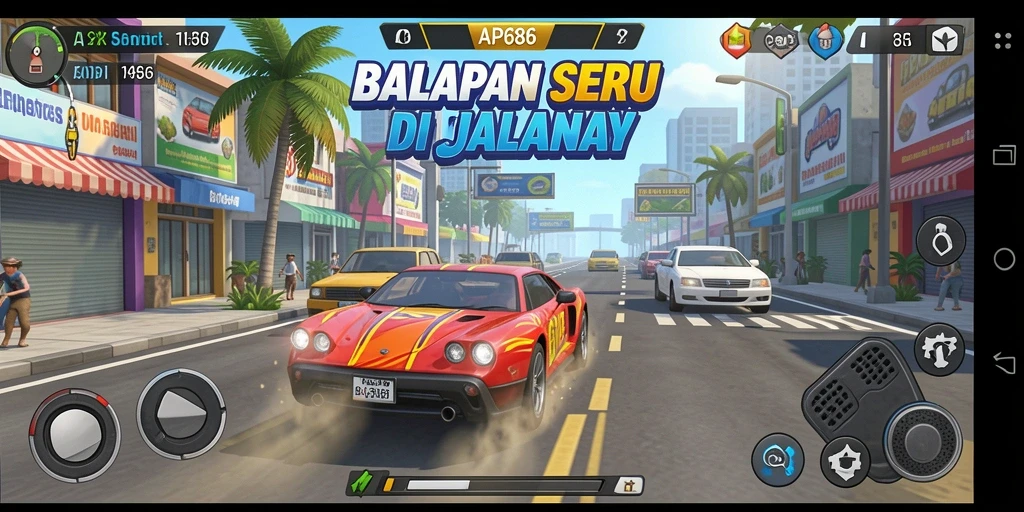 Tampilan seru gameplay balapan di AP686 dengan mobil berkecepatan tinggi.